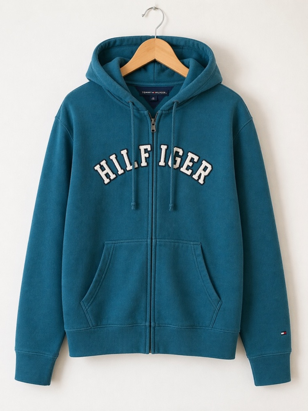 Tommy Hilfiger Zip Up Hoodie Large Teal Blue Spell Out Logo Full Zip Sweatshirt
